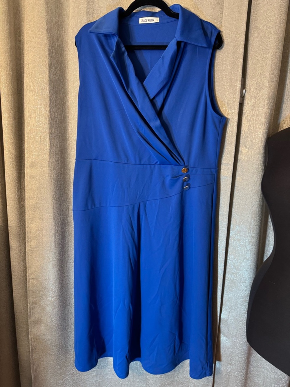 Grace Karin Sleeveless Faux-Wrap Midi Dress in Royal Blue - Picture 2 of 7